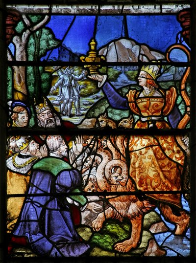 Window w7 depicting a scene from the Book of Revelation: the woman on the beast with 7 heads by French School
