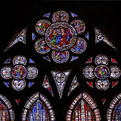 Window depicting the tracery lights with two angels and the doubting St Thomas by French School