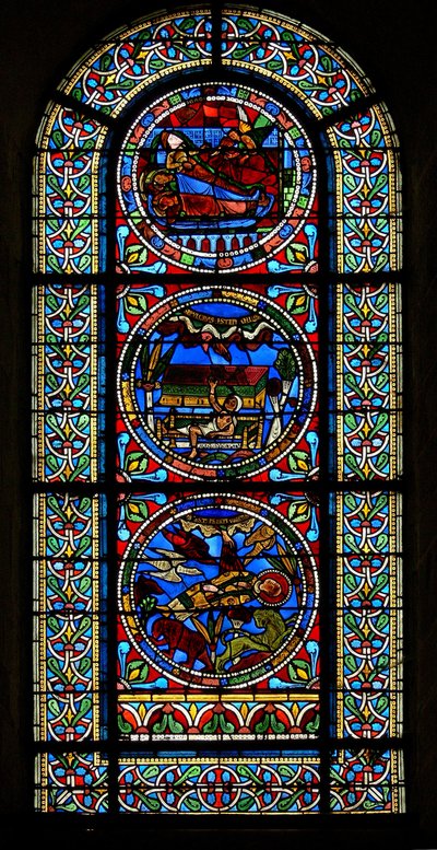 Window wXVII depicting three assembled panels: two in connection with Stephen, the other from a Nativity by French School