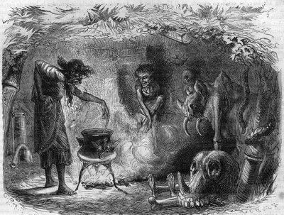 Witchcraft practice: witch around a cauldron making magic potions and spells. Engraving in 