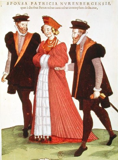Woman from Nuremburg Being Escorted to the Temple by Two Senators, 1572 by French School