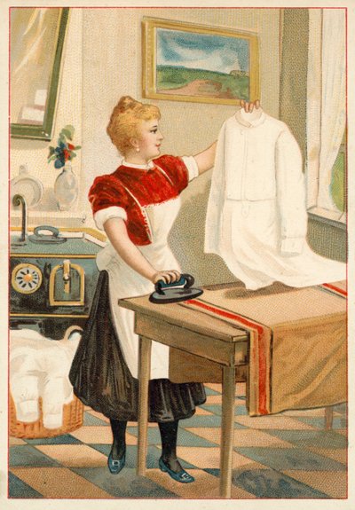 Woman ironing by French School