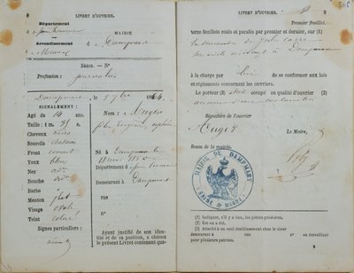 Workers Handbook issued by Mairie of Dampmart to Felix Auger, 1864 by French School