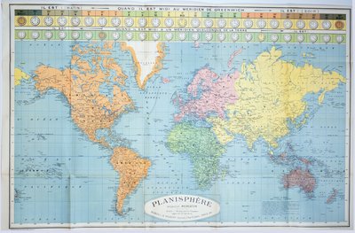 World map of the different time zones, published by Blondel La Rougery in Paris c.1920 by French School