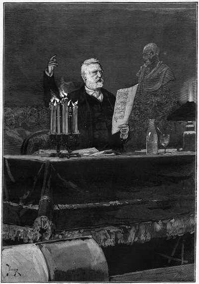 Victor Hugo speaking on the occasion of the centenary of the death of Voltaire at the Theatre de la Gaite in Paris on 30 May 1878. Engraving in Le Monde Illustré n°1106 of 8 June 1878 by French School