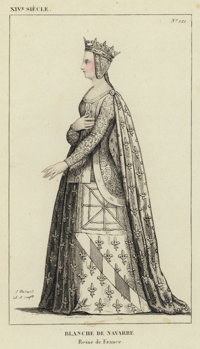 14th Century, Blanche of Navarre, Queen of France (coloured engraving) by French School