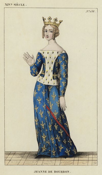 14th Century, Jeanne de Bourbon (colored engraving) by French School