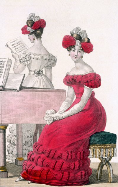 Young Woman in a Crepe Evening Dress with an Elaborate Headdress, Advertisement in Modes de Paris, c.1825 by French School