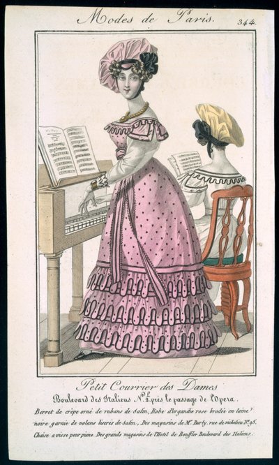 Young Woman in a Pink Organdie Dress Trimmed with Black and a Crepe Beret with Satin Ribbons, Advertisement from Modes de Paris, c.1825 by French School