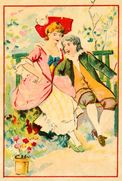 Young couple on a bench in a garden by French School