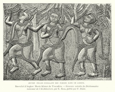 Young girls picking flowers in a garden, bas-relief from Angkor, Cambodia by French School