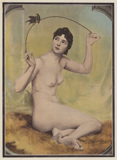 Young nude woman with birds by French School