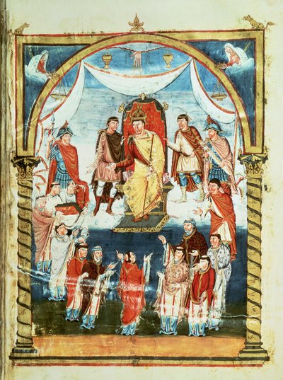 King Charles II Receiving a Bible from Count Vivian and the Monks of Saint-Martin de Tours, from the First Bible of Charles the Bald by French School