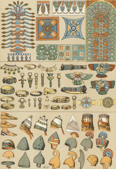Babylonian and Assyrian headdresses and footwear by Friedrich (after) Hottenroth