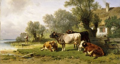 Cattle in a Farmyard along a River with a Fisherman Beyond by Friedrich Johann Voltz
