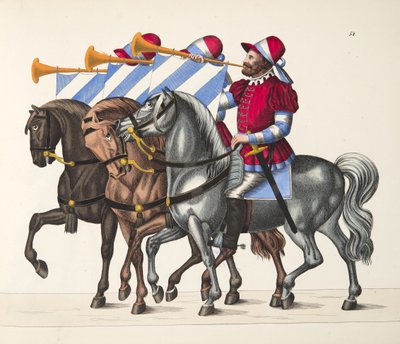 Three musicians at a tournament, plate from A History of the Development and Customs of Chivalry, by Dr. Franz Kottenkamp, published by Carl Hoffmann by Friedrich Martin von Reibisch
