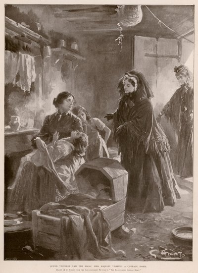 Queen Victoria and the Poor: The Queen Visiting a Cottage Home by G.S. (after) Amato