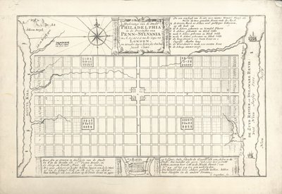 The first plan for Philadelphia, devised by William Penn and Thomas Holme in 1682, 1684 by G. Drogenham