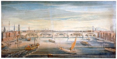 View of the new London Bridge from the west, with boats and barges on the Thames, 1831 by G Yates