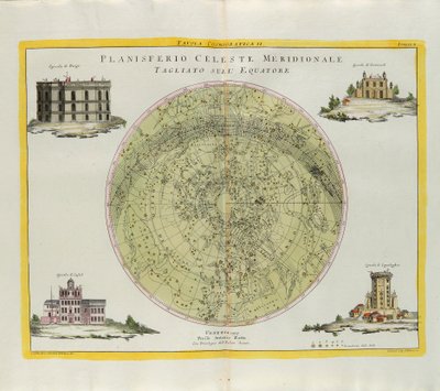 Cosmographic plate of the Southern Celestial Planisphere cut at the equator, engraving by G. Zuliani taken from Tome I of the Newest Atlas published in Venice in 1777 by Antonio Zatta by G. Zuliani