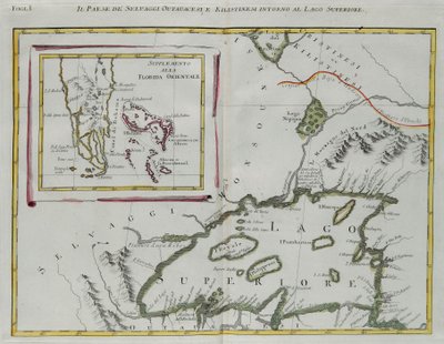 Land of the Ottawa and Kilistine Indians Around Lake Superior and a Supplement of Eastern Florida, Engraving by G. Zuliani from Tome I of the "Newest Atlas" by G. Zuliani