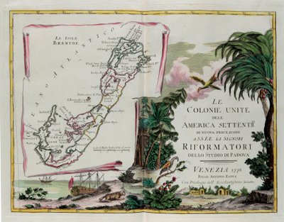 The Islands of Bermuda and the Frontispiece of the Section Dedicated to the United Colonies of North America, Engraving by G. Zuliani from Tome I of the "Newest Atlas" by G. Zuliani
