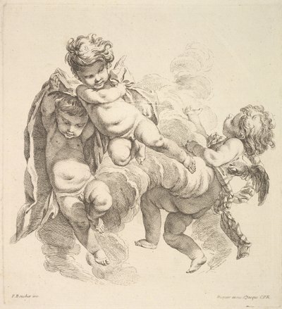 Three Children Among Clouds Carrying a Drapery by Gabriel Huquier