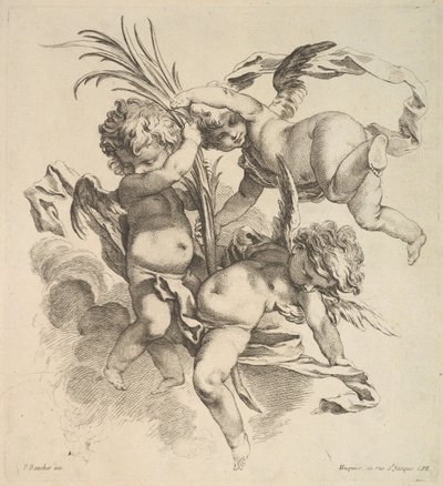 Three Children Among Clouds Near a Palm Leaf by Gabriel Huquier