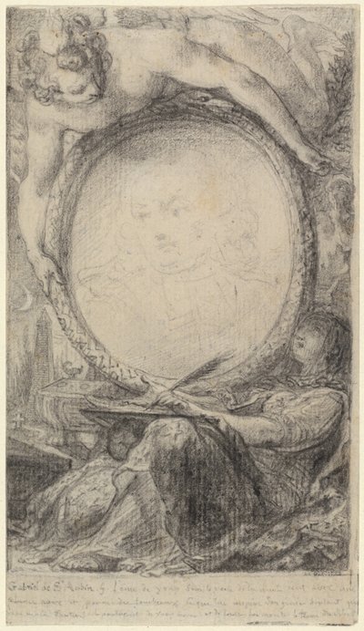 Allegorical Frame with a Genius and a Veiled Woman Writing by Gabriel Jacques de Saint Aubin
