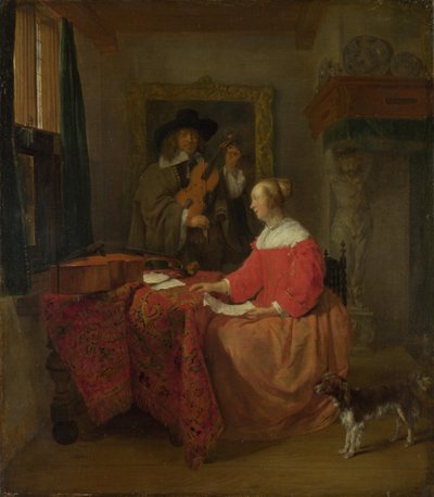 A Woman seated at a Table and a Man tuning a Violin, c. 1657-1658 by Gabriel Metsu