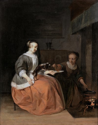Young Woman and Maidservant Feeding a Pancake to a Dog by Gabriel Metsu