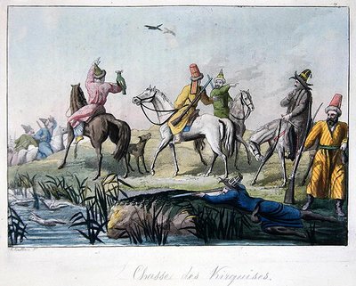 Kirghiz Hunters Shooting and Hunting with Falcons, illustration from 