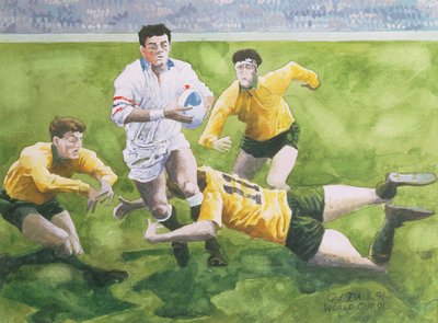 Rugby Match: England v Australia in the World Cup Final, 1991, Will Carling being tackled by Gareth Lloyd Ball