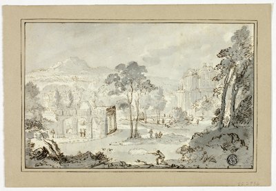 Hunter with Dog, Other Figures in Landscape with Villa, Canal, Pyramid by Gaspar van Wittel