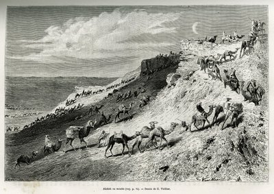 Akabah or Line Up Camels from the Caravan (engraving by G. Vuillier, to illustrate the story 