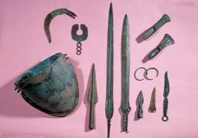 Bronze Helmet, Axe, Sickle, Adornment, Epee, Bracelet, Spike from Theil a Billy sur Loir by Gaulish Gaulish