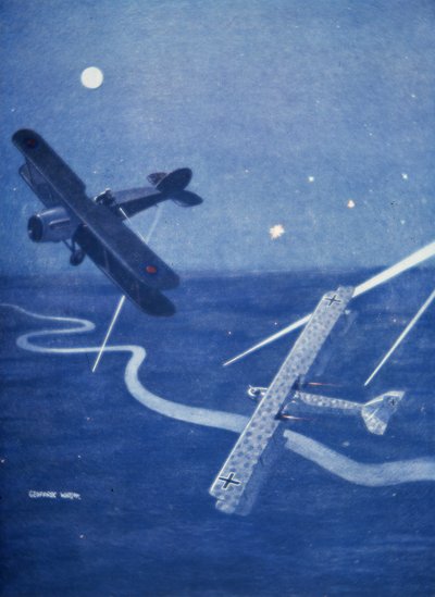 Bristol fighter attacks German Gotha bomber over London by night by Geoffrey Watson