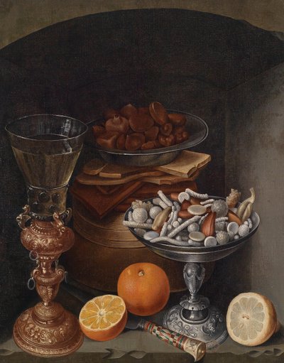 Still Life with a Wineglass, Oranges, a Plate with Mushrooms and a Silver Cup by Georg Flegel