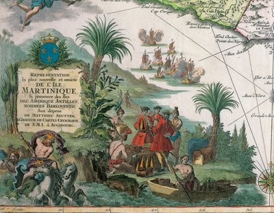 Map of Martinique created by Matthieu Seutter, details: Merchants and Native American Indian by Georg Matthäus Seutter