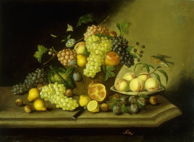 A Still Life with a Basket of Grapes and Mixed Fruit on a Stone Ledge by Georg Seitz