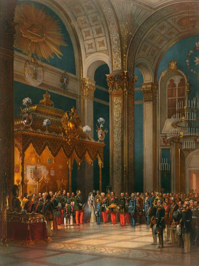 Homage of Cossack officers in the Throne Hall, coronation of Tsar Alexander II, Moscow by Georg Wilhelm Timm