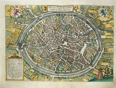 Bruges map from Civitates Orbis Terrarum, Cologne, engraving by Georg Braun and Hogenberg Franz