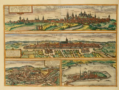 Map of Nuremberg, Ulm, Salzburg and Lindau from Civitates Orbis Terrarum by Georg Braun and Hogenberg Franz