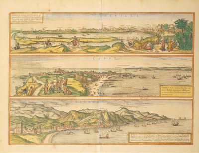 Maps of Seville, Cadiz and Malaga, Spain, from Civitates Orbis Terrarum by Georg Braun and Hogenberg Franz