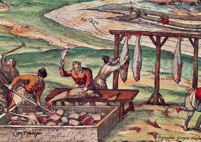 Tuna processing, miniature from the Civitates Orbis Terrarum by Georg Braun and Hogenberg Franz