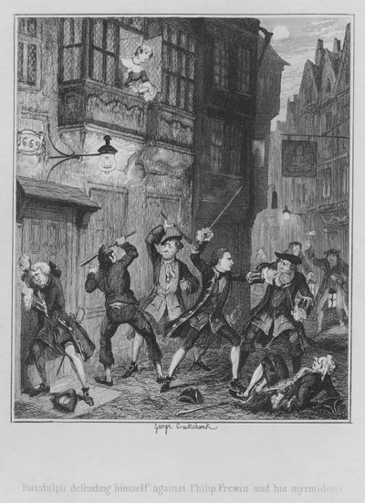 Randulph Defending Himself Against Philip Frewin and His Myrmidons by George (after) Cruikshank