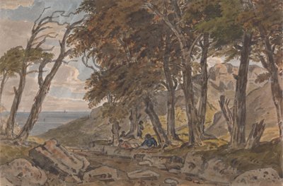 Figures on the Bank of a Wooded Lane, with Sea in Distance Left by George Barret Jr.