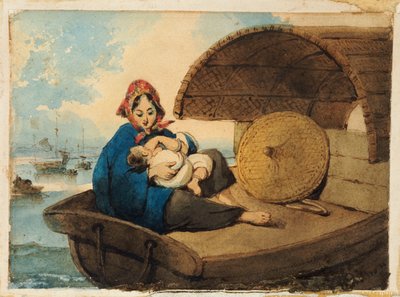 A Tanka Woman with her Child on a Boat by George Chinnery