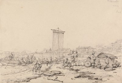 Coast Scene with Fishermen and Buildings, Macao by George Chinnery
