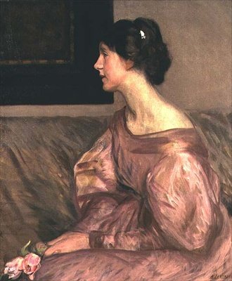 Portrait of a Lady Seated, Half Length in Profile Holding Two Pink Roses and Wearing a Pink Dress by George Clausen